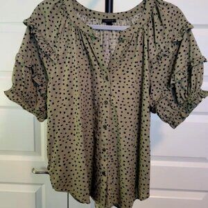 Ann Taylor Olive Green and Black Polka Dot Puff-Sleeved Top, Size M